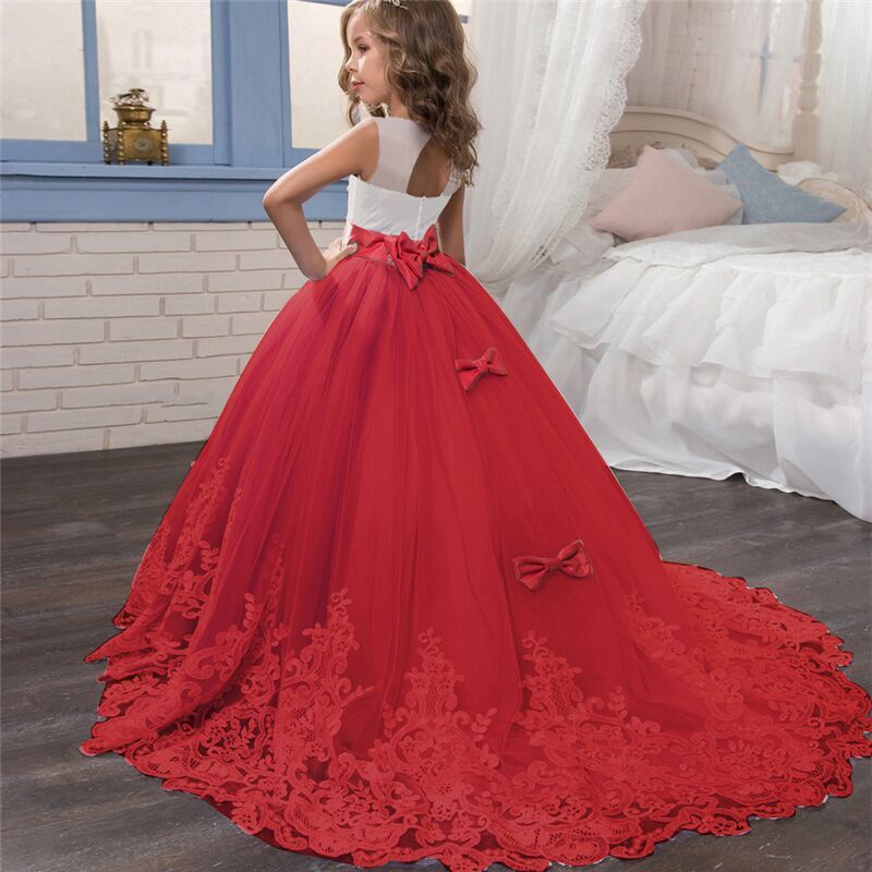 Kids Gown | Faye White Embroidered Gown with Red Sash - faye